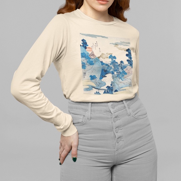 Outfit Bits Tops - Evening View Mt Fuji VTG Ukyio-e Print Long Sleeve Graphic Tee T-shirt S M L XL